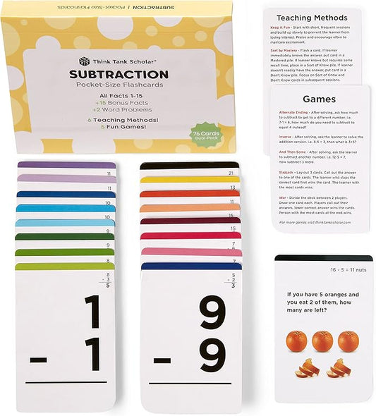 Think Tank Scholar Subtraction Flash Cards - 150 Facts 1-12 - (Award Winning) Math Flashcards for Kids Ages 4-8 in Kindergarten, 1st, 2nd, 3rd, 4th Grade & Homeschool - 6 Teaching Methods & 5 Games