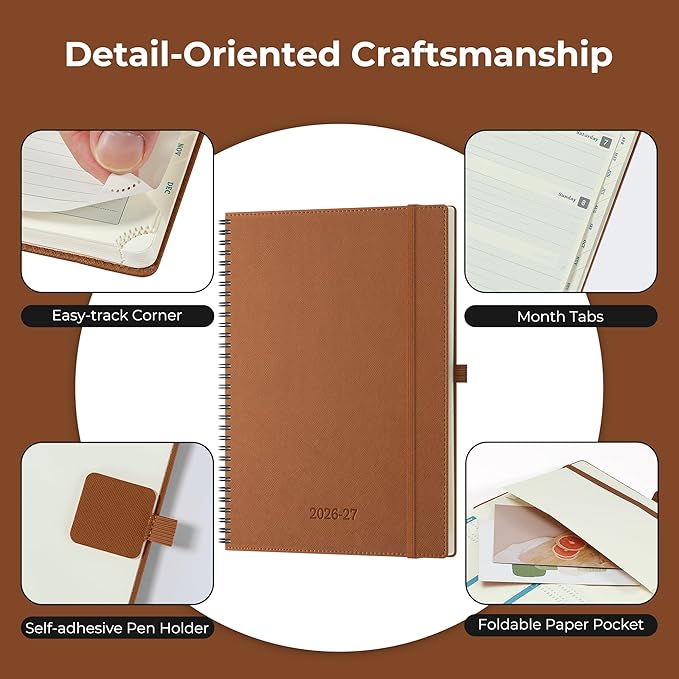 Planner 2026-2027 Daily Weekly and Monthly,11.5"x8.5",18 Months Spiral Bound Calendar Agenda with Self-adhesive Pen Holder,2026 Academic Plan with Vegan Leather Soft Cover,Brown