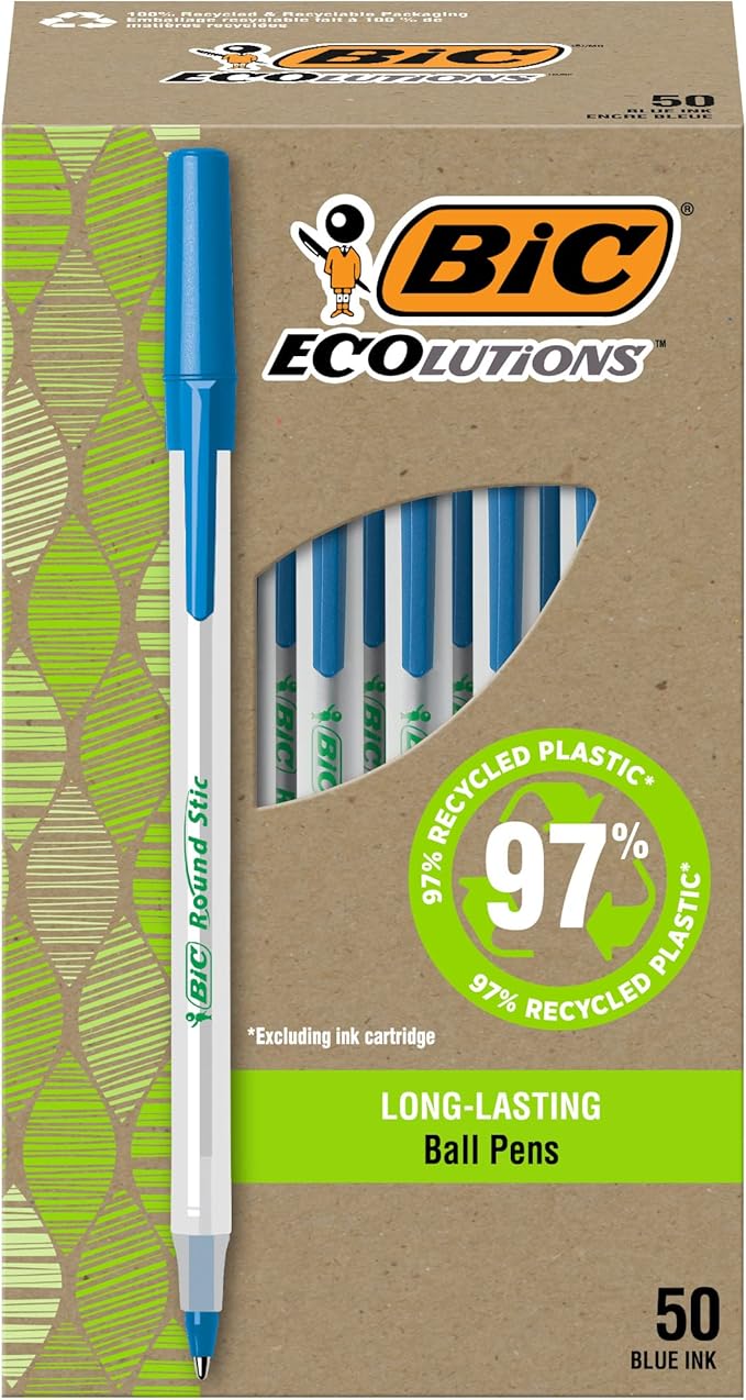 BIC Ecolutions Round Stic Ballpoint Pens, Medium Point (1.0mm), 50-Count Pack, Blue Ink Pens Made from 97% Recycled Plastic