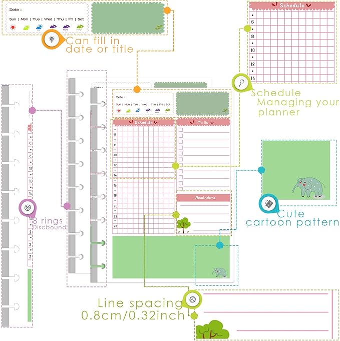 Rancco Junior Daily Planner Refills, 180 Pages 8 Hole Punched Half Letter Binder Paper Inserts w/Index Tabs, Index Dividers, Loose-Leaf Pocket, Ruler For Circa, Arc, TUL, Happy Planner, 5.5x8.5"
