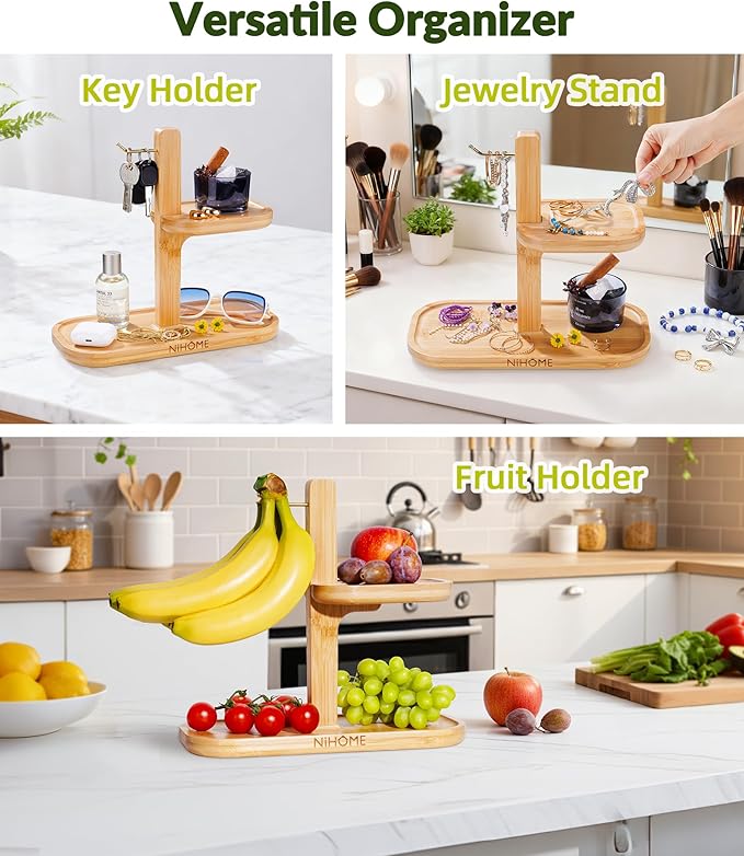 NiHome Bamboo Jewelry Organizer Stand with Hook & Trays, Wooden Display Rack for Necklaces, Earrings, Bracelets and Rings, Minimalist Jewelry Holder for Vanity or Desk, Durable and Tangle-Free Storage