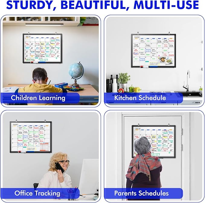 Dry Erase Calendar Whiteboard for Wall, 24" x 18" Magnetic Monthly White Board Calendar Dry Erase, Black Aluminum Frame with Tray for Home, School, Office