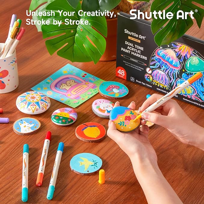 Shuttle Art 48 Colors Dual Tone Acrylic Paint Markers, 24 Pack Acrylic Paint Pens Set for Rock Painting, Ceramic, Wood, Canvas, Glass, Stone, Fabric, Card Making, DIY Crafts & Art Supplies