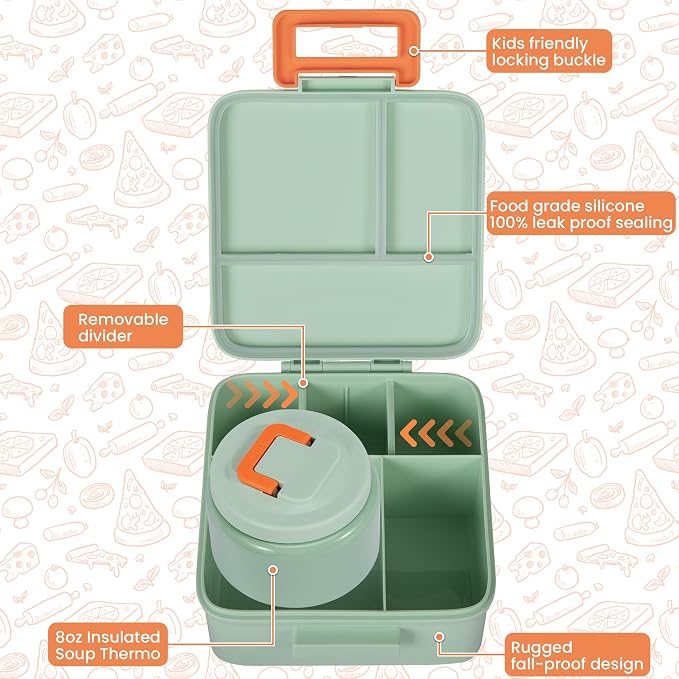 MAISON HUIS Bento Lunch Box with 8oz Soup Thermo, 5-Compartment Leak-Proof Container, Thermo Hot Food Jar and Insulated Lunch Bag, BPA Free,Travel, School (Light green)