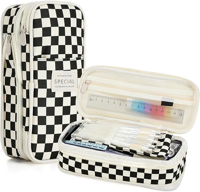 Bigmeta Gingham Expandable Pencil Case for Teens Girls - Black | Zipper Gusset for Adjustable Capacity, Checkered Cute Pencil Pouch, Stationery Bag Box for Student Back to School Gifts