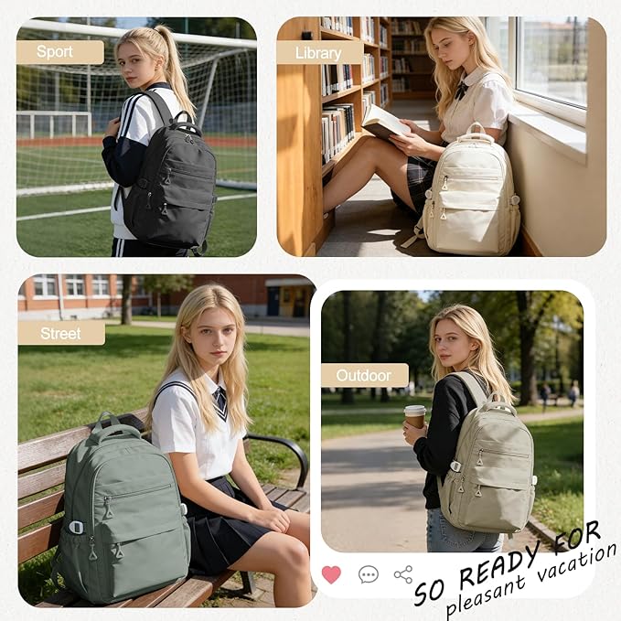 Backpack for College Students Women Men, Aesthetic Backpacks for Middle School, Waterproof Bookbag, Lightweight High School Backpack for Teens Boys Girls(Beige)