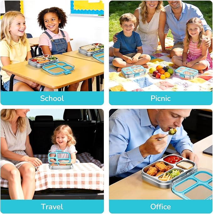 G.a HOMEFAVOR Stainless Steel Lunch Box - 4 Compartments Bento Box for Kids, Leakproof Food Container for School, Office, Dishwasher Safe, BPA-Free, 800 ml/27 oz, Blue