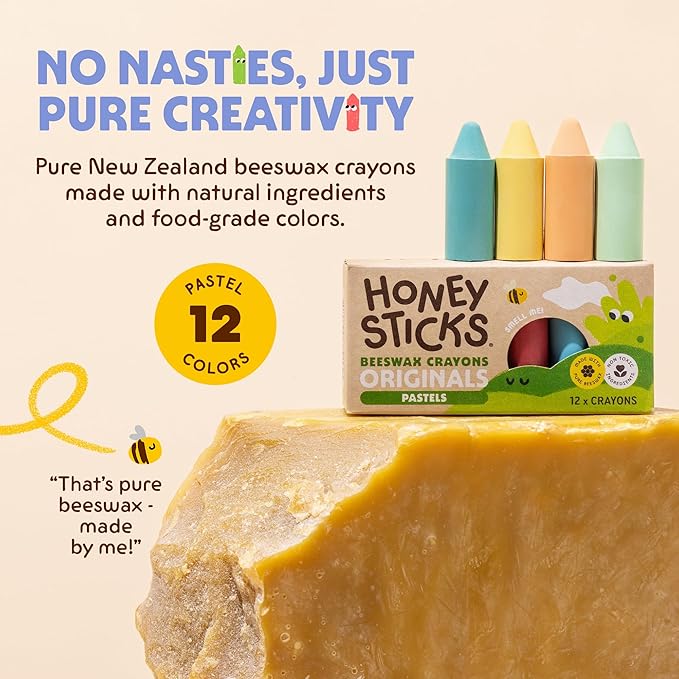 Honeysticks 100% Pure Beeswax Crayons (12 Pack) - Pastel Colored - Non Toxic Crayons for Toddlers 1-3, Safe for Baby from 1 Year Old Plus, Handmade with Natural Beeswax and Food-Grade Colors, Eco