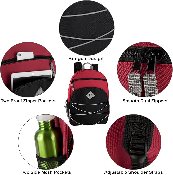 Summit Ridge Backpacks with Bungee Cord Front | 17” Multi Pocket Backpack for Adults, College, Travel (Red/Black)