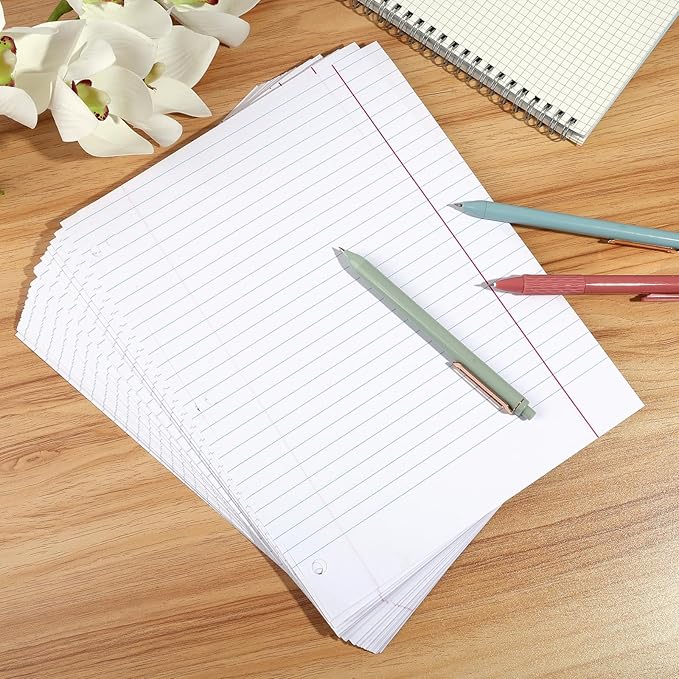 Loose Leaf Paper Wide Ruled Notebook Paper, 8" x 10.5" Lined Filler Paper for 3-Ring Binders, 3-Hole Punched Writing Paper-120 Sheets, White
