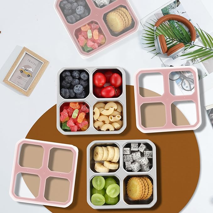 BEFOY 4 Pack Stainless Steel Snack Containers with Lids 4 Compartment Food Storage Containers for Adults & Kids Meal Prep Containers Reusablele (PINK, 2)