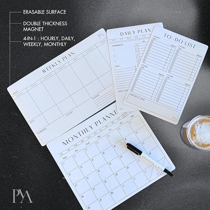 Magnetic Dry Erase Planner System for Fridge – Reusable Daily Weekly Monthly Calendar Set with Time Blocking, Task & Productivity Planner