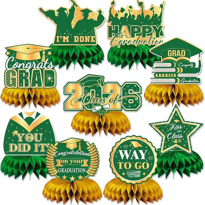 Graduation Table Decorations Class of 2026, 9Pcs Graduation Centerpieces for Tables Green Gold Honeycomb Centerpiece Congrats Grad Table Toppers Congratulate Decorations for Grad Party Supplies