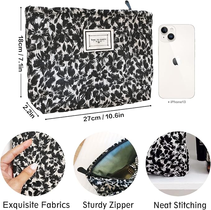 STARDW Aesthetic Floral Makeup Bag Cute Small Cosmetic Bags for Women Girls, Travel Toiletry Bag Large Capacity Zipper Makeup Pouch, Purse Organizer Pouches (Black Flowers)