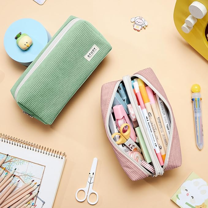 KALIDI Large Pencil Case Corduroy Pencil Pouch Box Cute School Supplies for Teen Girls Boys, Dusky Pink