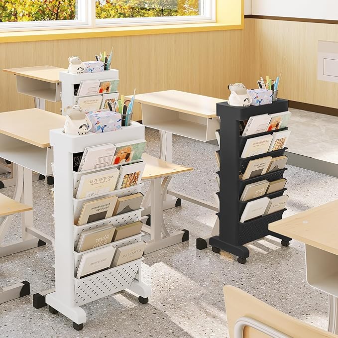 6-Tier Mobile Bookshelf, Rolling Bookcase Book Storage Rack, Movable File Folder Organizer Cart with Wheels for Home Study Office Living Room Classroom, White