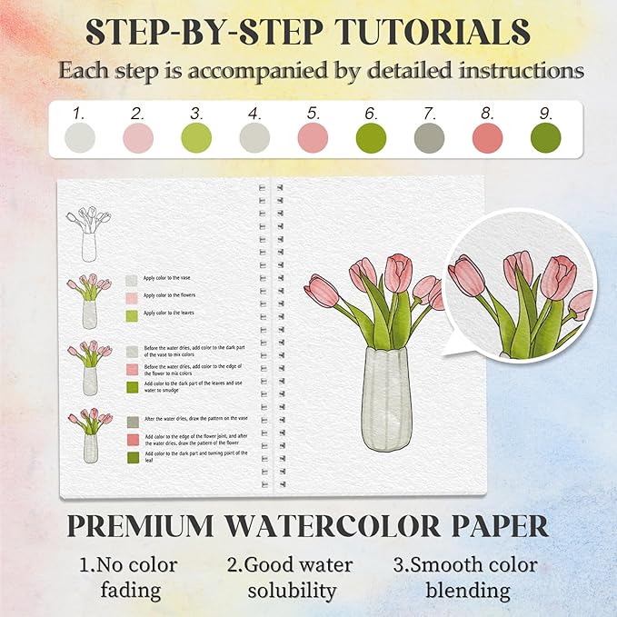 2Pcs Watercolor Workbook Beginner Friendly Watercolor Workbook with 12 Colors Paint Color, Watercolor Paper, Beginner Watercolor Painting Kit with Step by Step for Adults Teens Valentine's Day Gift