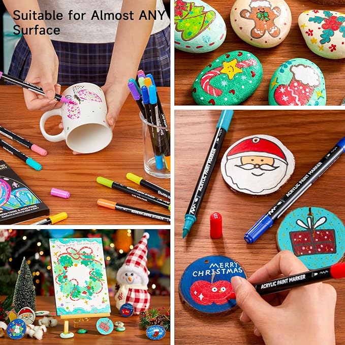 Shuttle Art 25 Colors Dual Tip Acrylic Paint Markers, Brush Tip and Fine Tip Acrylic Paint Pens for Rock, Ceramic, Wood, Canvas, Plastic, Glass, Stone, Calligraphy, Card Making, DIY Crafts