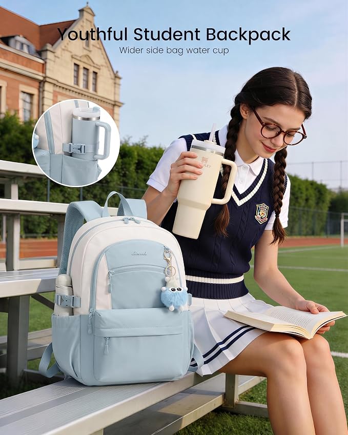 LOVEVOOK School Backpack for Teen Girls & Women, 35L Large Laptop Backpack with 40oz Water Bottle Pocket, Waterproof Cute College Bookbag, Student Backpack for Middle High School Travel Work Blue