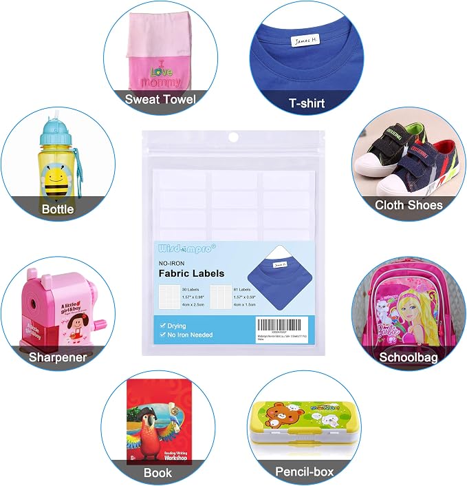 Wisdompro 111 Pcs No Iron Fabric Labels, Write-On Clothing Label Stickers | Self-Stick, White Clothes Name Tags, for Nursing Home, Daycare, Camp, School, No Sewing or Ironing Needed