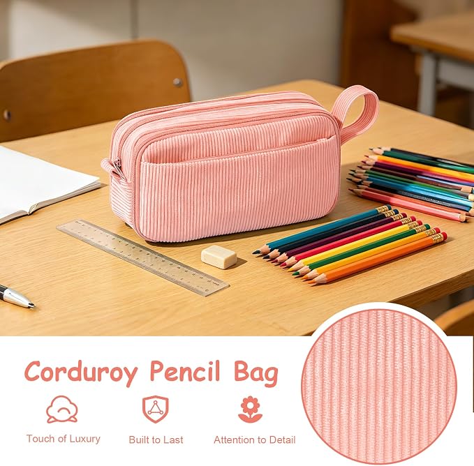 BuyCard Pink Corduroy Pencil Case, Large Capacity, Casual Style, Zipper Pouch Organizer for Teen Girls, Cute Stationery Storage and Organizer, Supplies for Teen and Adult Girls