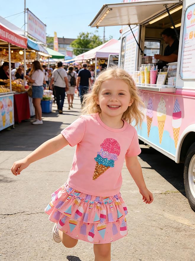 Little Girls Skirt Set - 2 Piece Short Sleeve Top Shirred Tiered Skirt Outfit Girls Spring Summer Clothes 3-8 Years