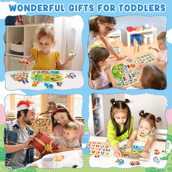 Attmu Wooden Puzzles for Toddlers, 6 Pcs Alphabet Puzzle ABC Shape Number Animal Farm Puzzle, Learning Toys for Kids, Preschool Educational Activities Toddler Gift Toys for Girls Boys Christmas Easter