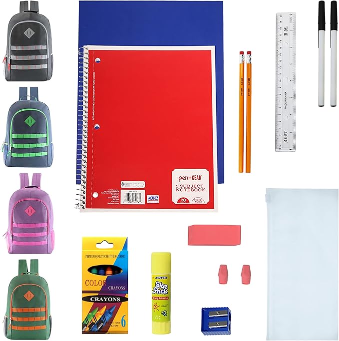 12-Pack 19” Sport Backpacks with 18 Piece School Supplies Kits - Pens, Pencils, Crayons – Bulk Bundle for Elementary, Middle, and High School Students, 4 Assorted Styles