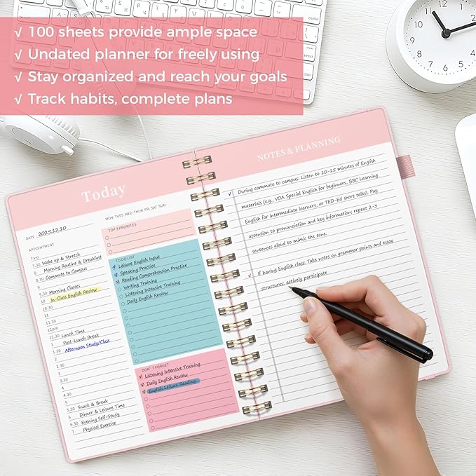 Oucaru Undated Daily Planner, 8.5"x11", A4 Size Spiral Notebook with Hourly Schedule, To Do List, Priorities, and Notes for Productivity - Easily Organize Your Tasks, Appointments & Goals for Women