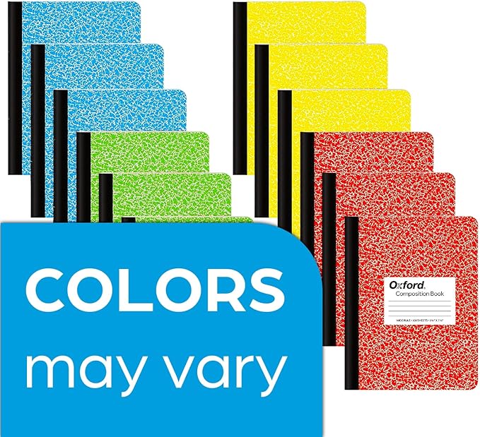 Oxford Composition Notebooks - Assorted Colored Marble Cover Wide Ruled Notebook - 9-3/4" X 7-1/2", Pack of 12 (100 sheets)