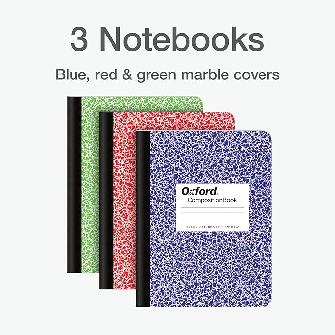 Oxford Composition Notebooks, 9-3/4 x 7-1/2 Inch School Journals, College Ruled Paper, Primary Color Marble Covers, 100 Sheets per Book (1002518),(pack of 24)