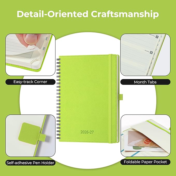 Planner 2026-2027 Daily Weekly and Monthly,8.5"x6.5",18 Months Spiral Bound Calendar Agenda with Self-adhesive Pen Holder,2026 Academic Plan with Vegan Leather Soft Cover,Wasabi Green