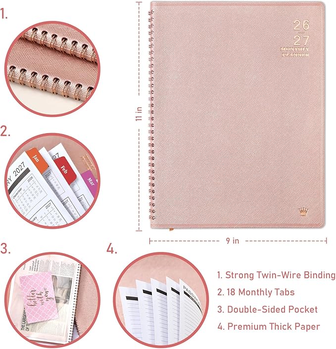 2026-2027 Monthly Planner - 2026-2027 9'' x 11'' Monthly Planner/Calendar from JUL. 2026 - DEC. 2027, 12-Months Calendar Spiral Bound with Soft Leather Cover, 15 Note Pages, Tabs, Inner Pocket