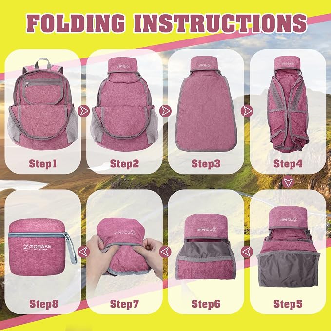ZOMAKE Lightweight Packable Backpack, 10L Small Foldable Daypack for Hiking | Water Resistant Collapsible Backpacks for Women Men, Everyday Carry, Multi Compartment Storage, Adjustable Strap(Pink A5)