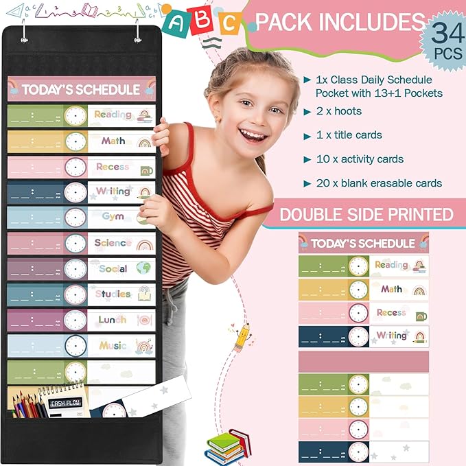 Ctosree 32 Pcs Daily Schedule Pocket Chart Rainbow Pocket Charts Classroom Pocket Chart Schedule 13+1 Pocket Kids Schedule Charts Teaching Scheduling Pocket Charts with Cards for School Classroom