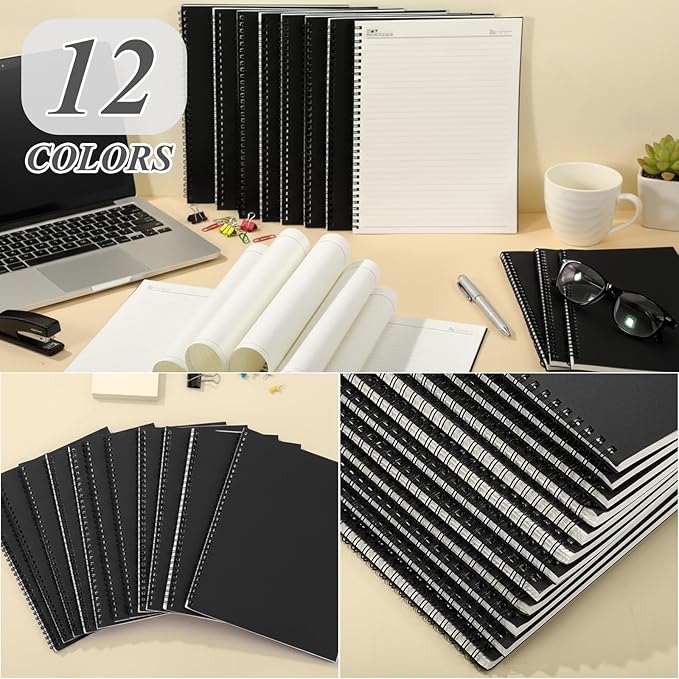 Leelosp 12 Pcs Small Spiral Notebook Lined Spiral Journal College Ruled Notebook Wire Bound Kraft Cover, 120 Pages for Work (Black,8.5 x 11 Inch)