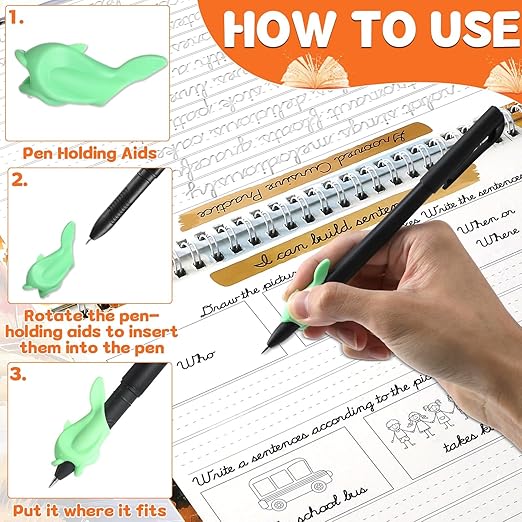 gisgfim Grooved Cursive Handwriting Workbook Magic Reusable Grooved Cursive Handwriting Practice Guided Tracing with Disappearing Ink Pens for Beginners Kids Learning Activities Supplies (Sentence)