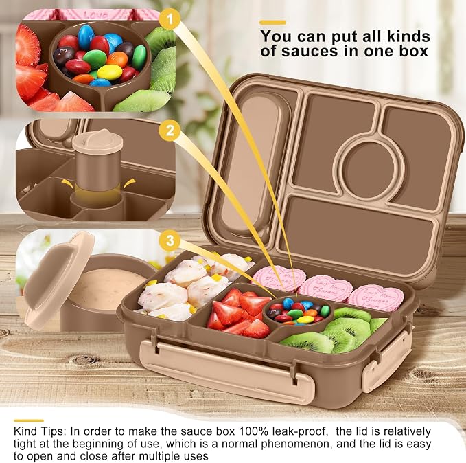 Amathley Bento Box Adult Lunch Box Kids,Lunch Containers for Adults/Kids/Toddler,5 Compartments Bento Lunch Box with Sauce Vontainers,Microwave & Dishwasher & Freezer Safe,BPA-Free (Brown)