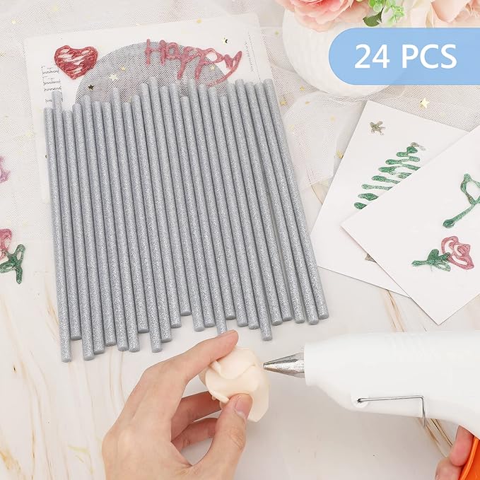 Manarty Glitter Silver Hot Glue Sticks, 24PCS Mini Size 0.27" Dia x 8" Long Hot Melt Glue Stick Colored, All Temperature Adhesive EVA Glue Sticks for Repairing Sealing Stamp DIY Art Craft Decoration