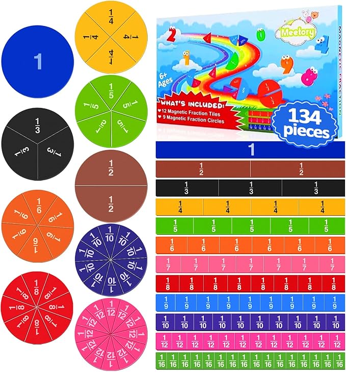 Meetory 134 Pcs Magnetic Fraction Tiles & Fraction Circles - Math Manipulatives for Preschool Elementary School Educational Resources Classroom Educational Kit