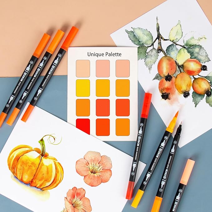 ZSCM Orange Duo Tip Marker Pens, 12 Pack Fine & Brush Markers for Adult Coloring Books No Bleeding, Sunset Orange Markers for Autumn Scenes, Citrus Fruits, Vibrant Fills and Energetic Artworks