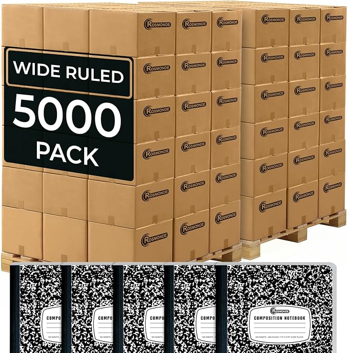 Rosmonde 5000 Pack (Pallet) Composition Notebook Bulk, Wide Ruled Sheets, 100 Sheets (200 Pages), 9-3/4 x 7-1/2, Bulk Supplies for School Districts & Office, Black Marble Notebooks, 4-7 Days Transit