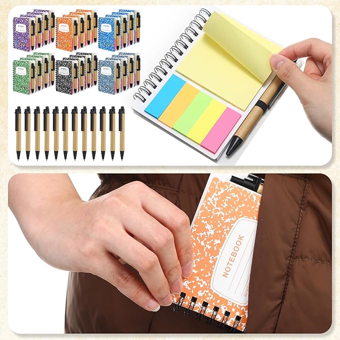 Dunzoom 48 Sets Spiral Notebook Bulk, Steno Pads Lined Notepad with Pen, Sticky Notes Colored Index Tabs, 5.2" x 4.1" Pocket Notebook for Home Business Office Supplies, 60 Sheets (Multicolor)