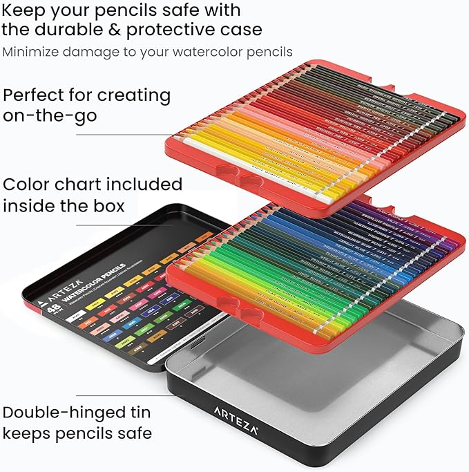 ARTEZA Watercolor Pencils, Set of 48, Water-Soluble Colored Pencils with 4 mm Break-Resistant Core, Pre-Sharpened Tips and Metal Tin for Drawing, Shading, Blending, and Wet or Dry Techniques