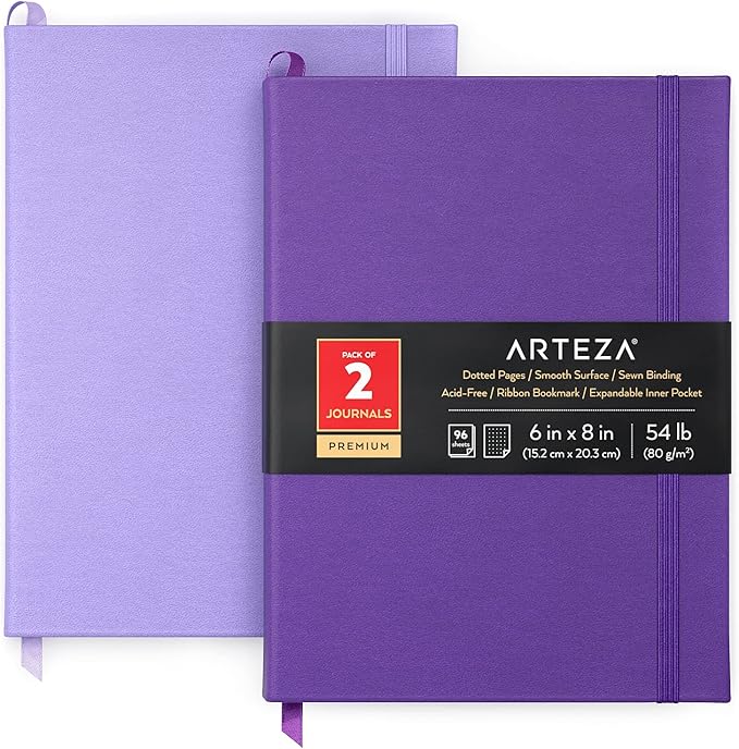 ARTEZA Dotted Journals, Pack of 2, 6x8 Inches, 96 Sheets, Lavender and Purple, Hardcover Notepads with Smooth Paper