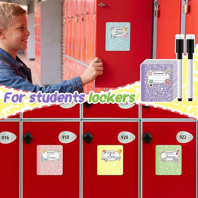Crtiin 42 Pcs Magnetic Name Tags for Lockers Colorful Composition Notebook Dry Erase Labels Magnetic Reusable Name Tags for Back to School Whiteboard Classroom School Bus Locker Fridge