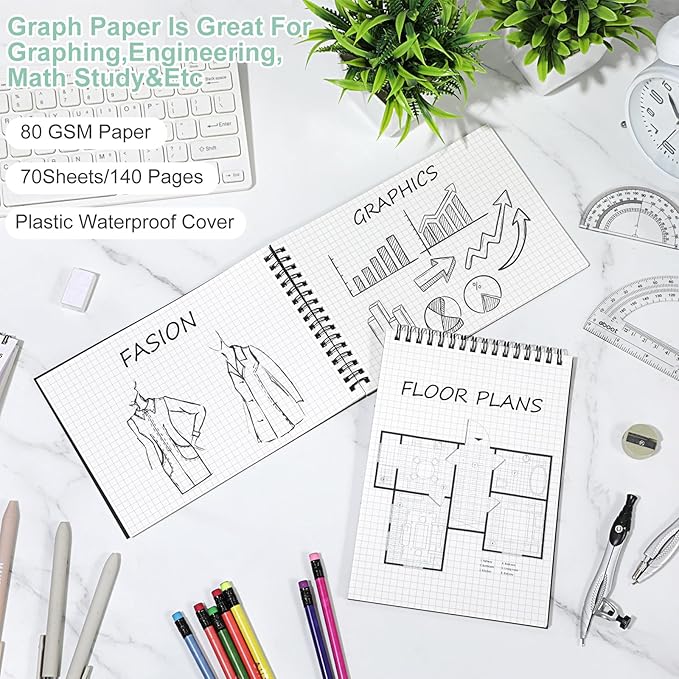 Engrowtic 2 Pack Graph Paper Spiral Notepad A5 Top Wirebound Notepad Grid Notebook Steno Pads Memo Notebook Grid Paper 140 Pages for Writing Sketching Drawing Office Supplies (Black Cover)