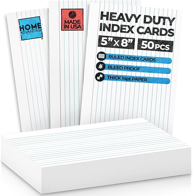 Home Advantage 5x8 Ruled Index Cards - Our 50 Pack of Lined Notecards Use Heavy Duty Cardstock to Make Them Bleed Proof – These Line Ruled Index Cards Make Perfect Flashcards & Note Cards