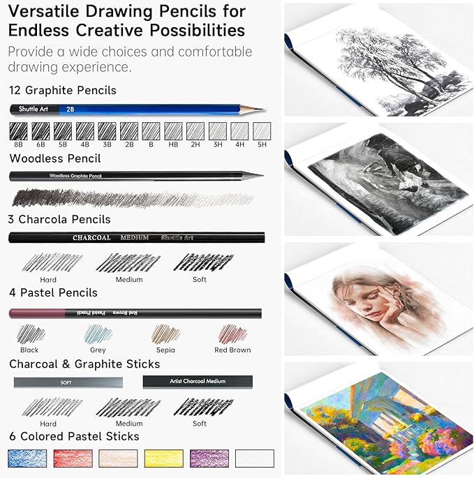 Shuttle Art 52 Pack Drawing Pencils Set, Professional Art Kit with Graphite Charcoal Sticks, Drawing Pad in Portable Case, Ideal for Kids and Adults Artists
