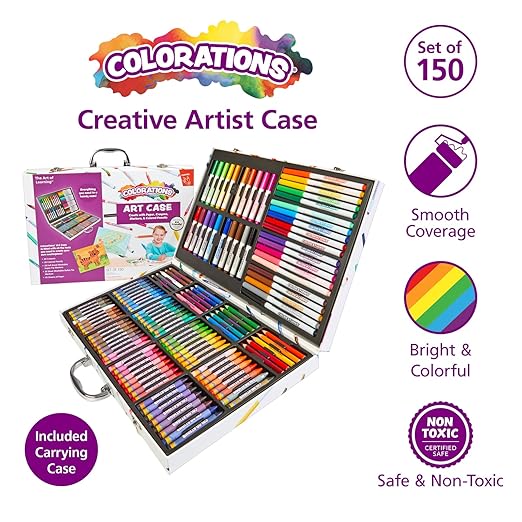 Colorations - Creative Artist Case - 150 pcs - Markers, Crayons, Colored Pencils, Paper, Art Set for Kids, Coloring Kit, Washable